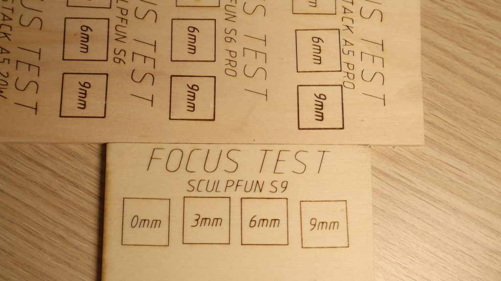 Sculpfun S9 focus distance test compared to atomstack A5 and Sculpfun S6
