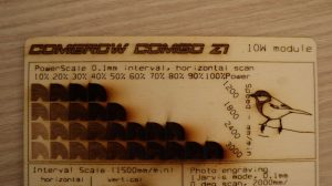 Comgrow Comgo Z1 plywood engraving power scale test pattern
