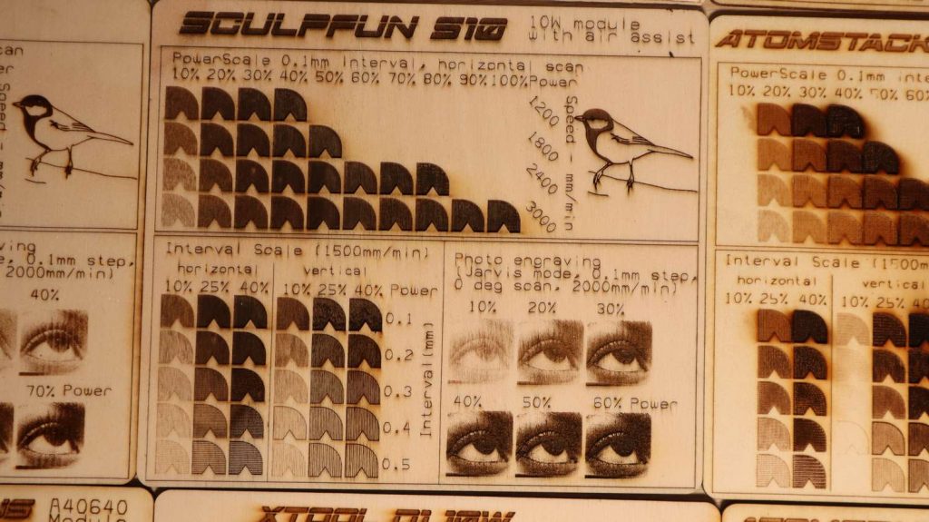 Sculpfun S10 plywood engraving test pattern