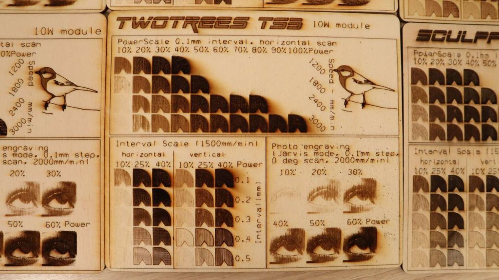 Twotrees TS3 laser engraver plywood engraving test pattern