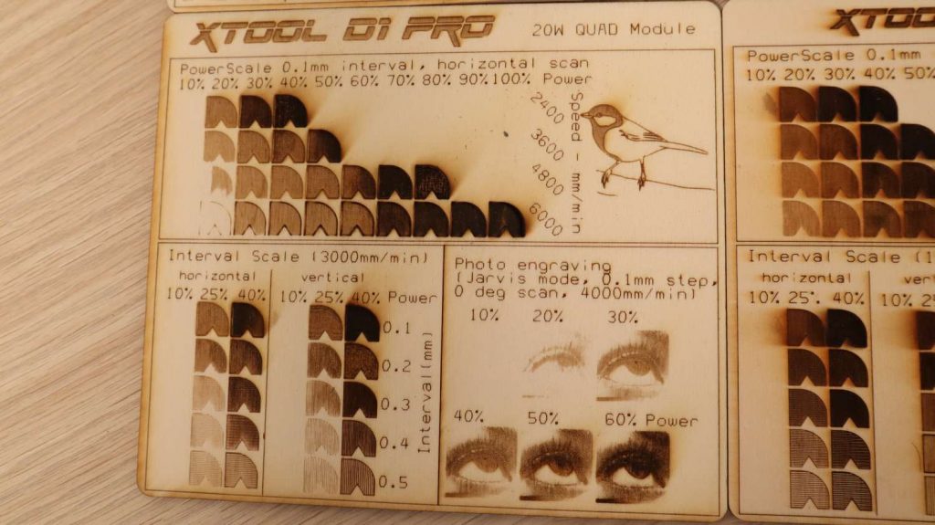 xTool D1 Pro 20W plywood engraving test pattern